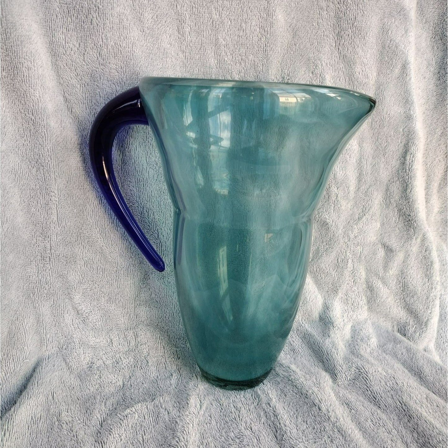 Rare Art Glass Pitcher, Turquoise Swirl with Cobalt Blue Applied Handle MCM 68oz