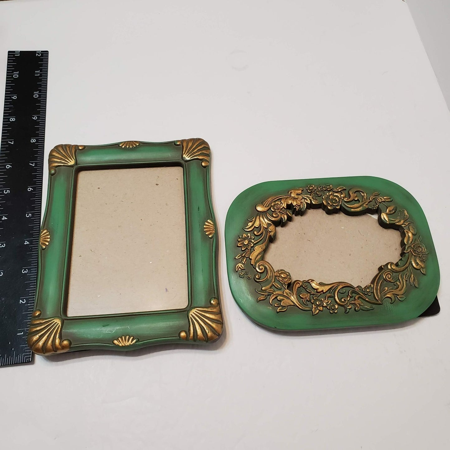 Set of 2 Vintage Gilt Photo Frames, Painted Wood, Green and Gold Picture Frame