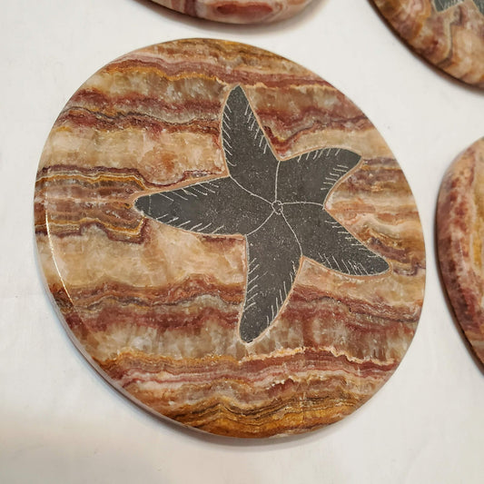Round Marble Coasters with Starfish Design, Set of 4, Hand Crafted in Ecuador