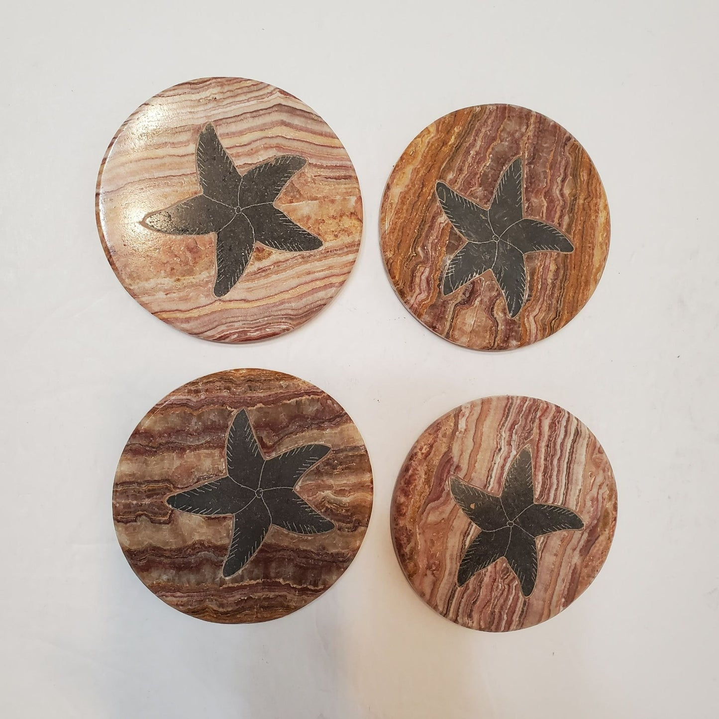 Round Marble Coasters with Starfish Design, Set of 4, Hand Crafted in Ecuador