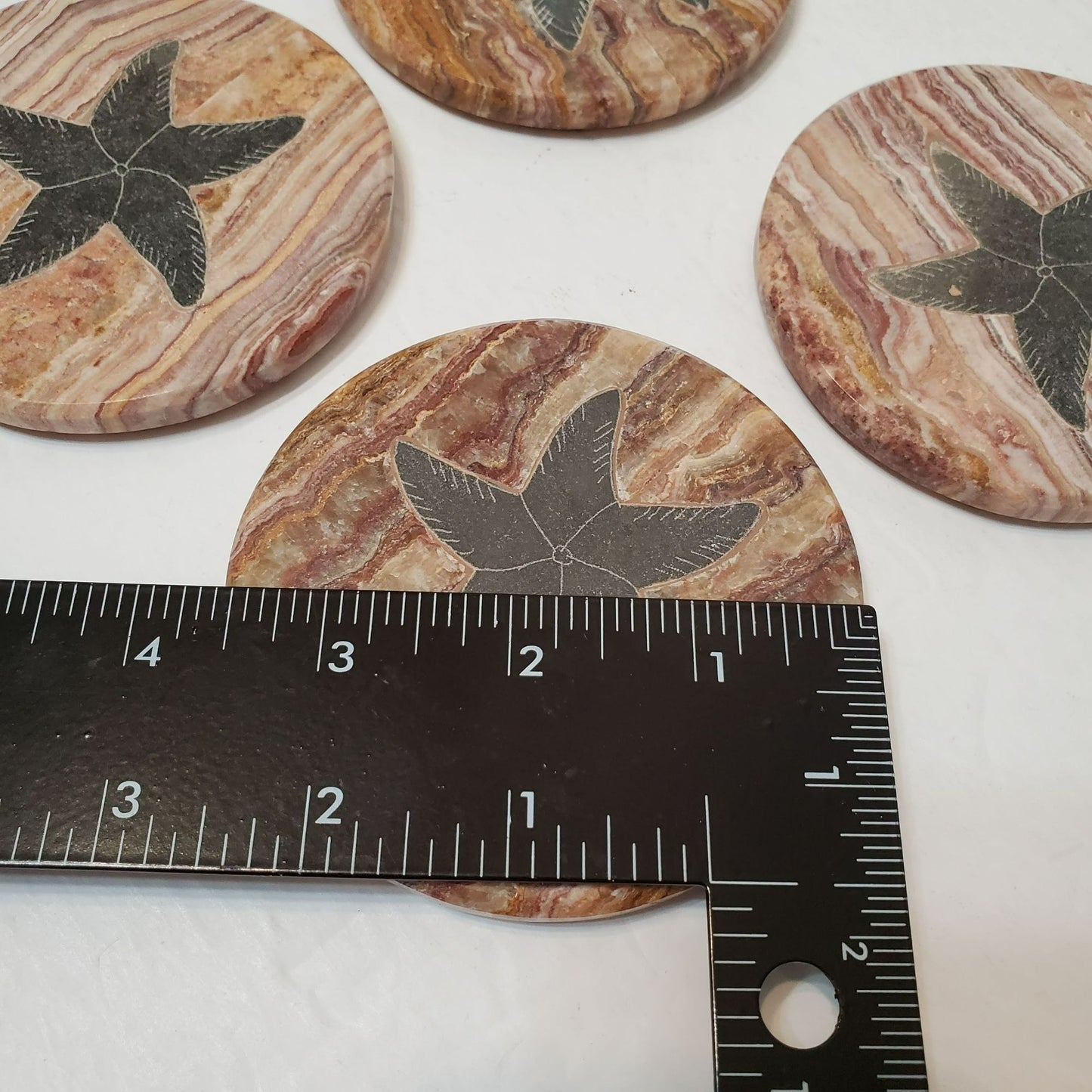 Round Marble Coasters with Starfish Design, Set of 4, Hand Crafted in Ecuador