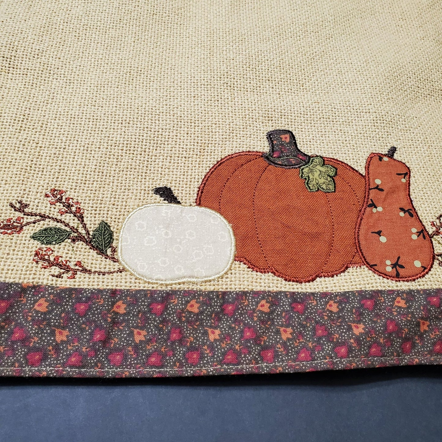Pumpkin Harvest Table Runner, Applique, Tan Canvas, Lined, Fall Autumn Decor
