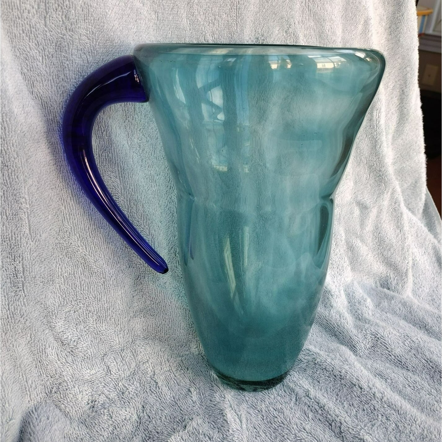 Rare Art Glass Pitcher, Turquoise Swirl with Cobalt Blue Applied Handle MCM 68oz