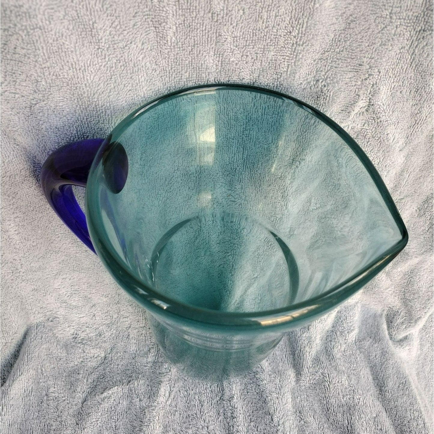 Rare Art Glass Pitcher, Turquoise Swirl with Cobalt Blue Applied Handle MCM 68oz