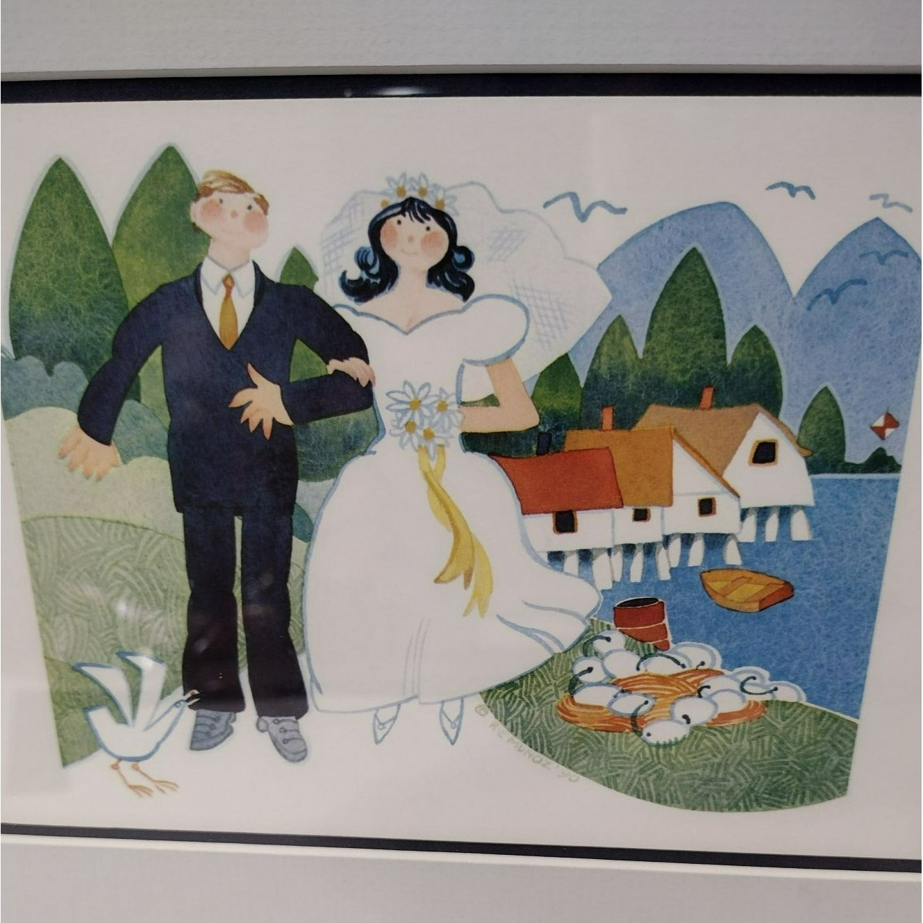 Rie Munoz Art Print, "Tenakee Wedding", Custom Framed and Matted, Alaska 1990s