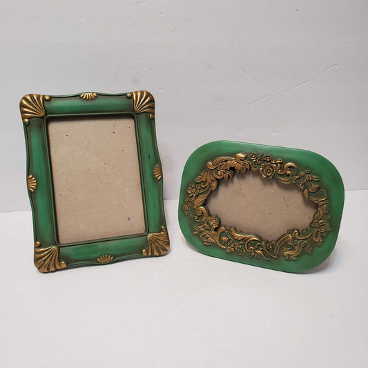 Set of 2 Vintage Gilt Photo Frames, Painted Wood, Green and Gold Picture Frame