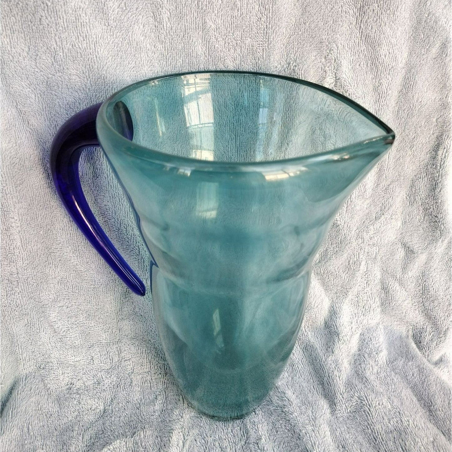 Rare Art Glass Pitcher, Turquoise Swirl with Cobalt Blue Applied Handle MCM 68oz