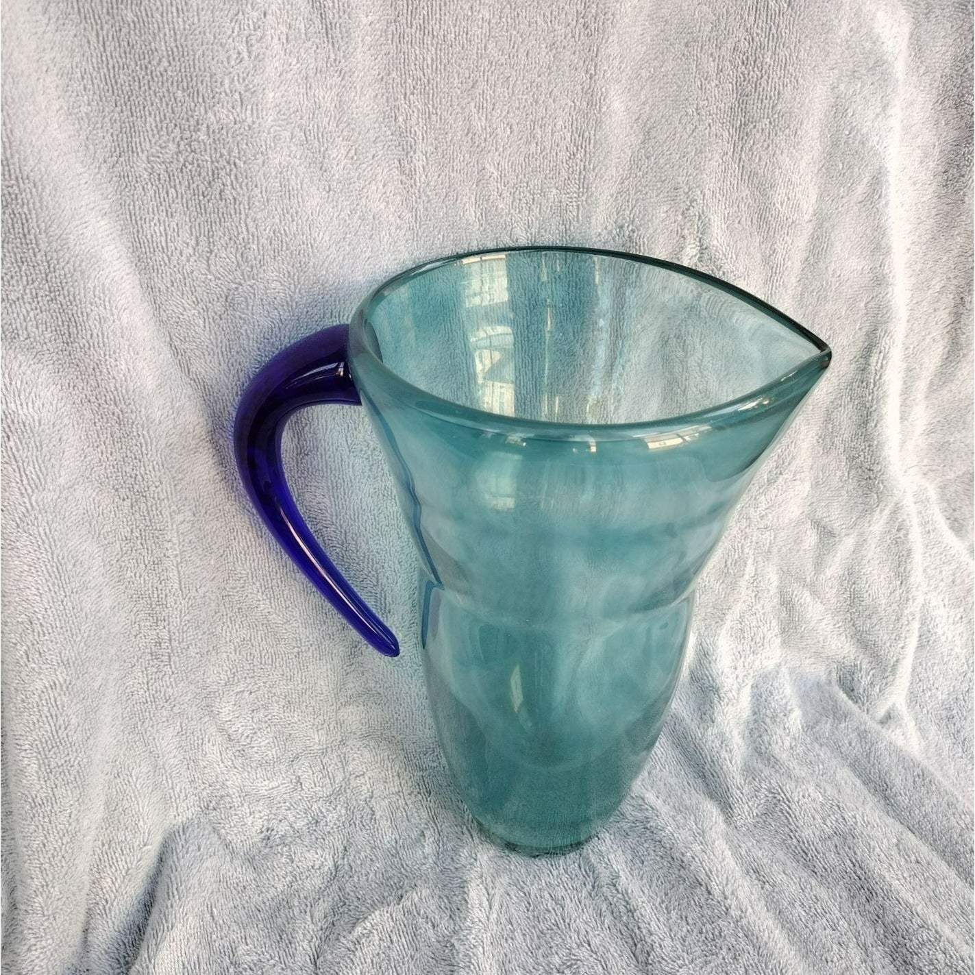 Rare Art Glass Pitcher, Turquoise Swirl with Cobalt Blue Applied Handle MCM 68oz