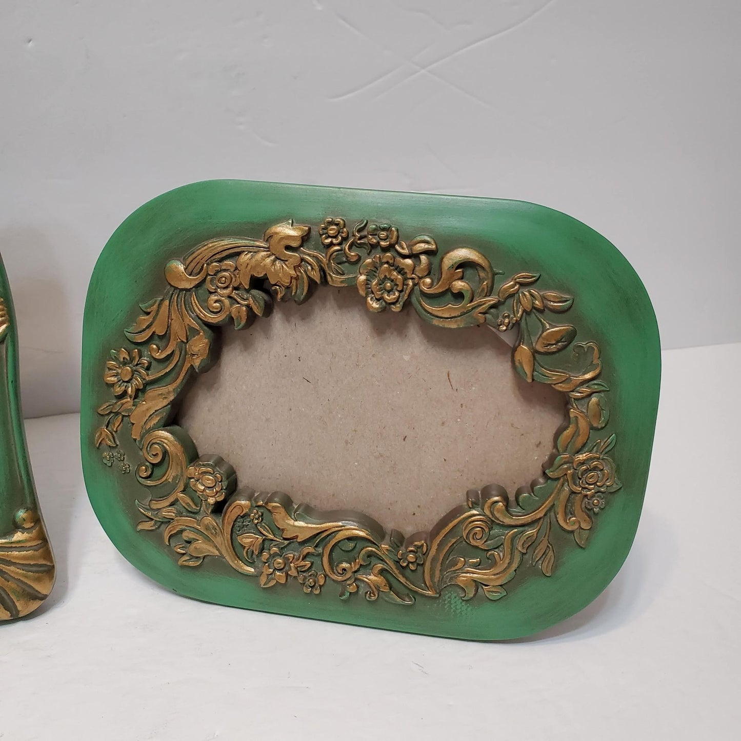 Set of 2 Vintage Gilt Photo Frames, Painted Wood, Green and Gold Picture Frame