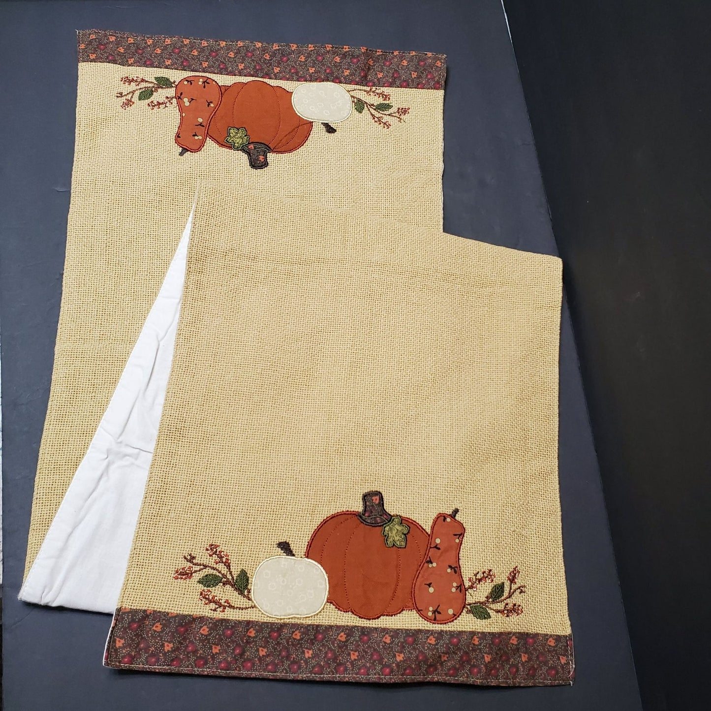 Pumpkin Harvest Table Runner, Applique, Tan Canvas, Lined, Fall Autumn Decor