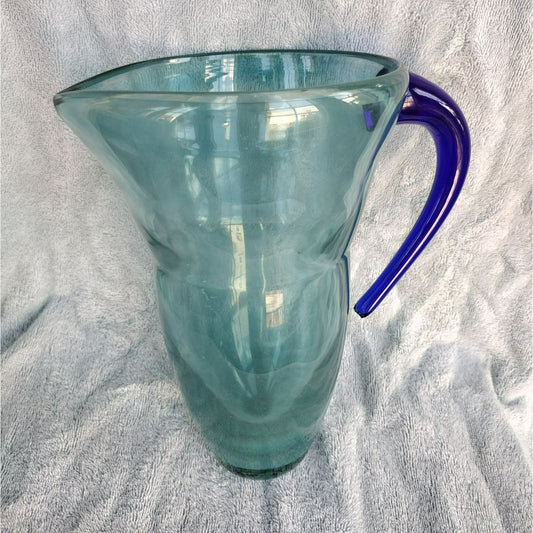 Rare Art Glass Pitcher, Turquoise Swirl with Cobalt Blue Applied Handle MCM 68oz