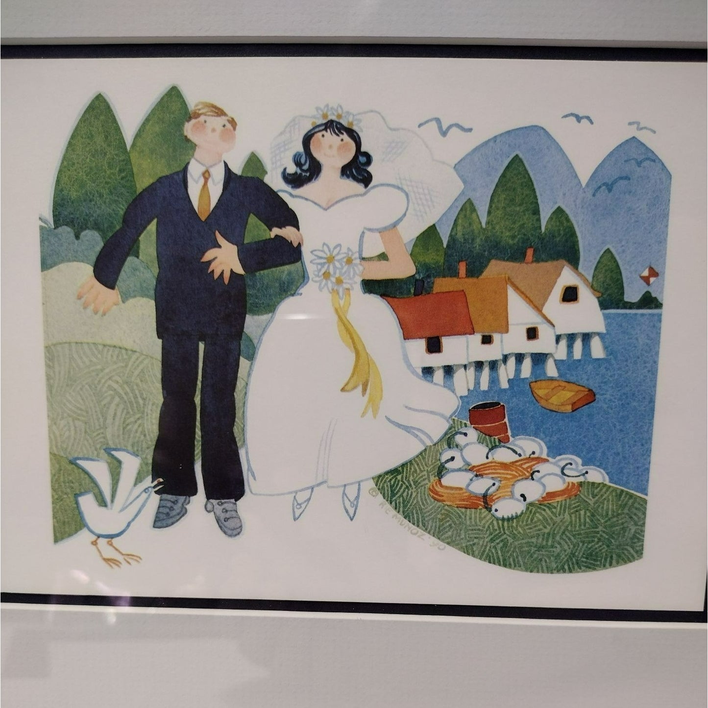 Rie Munoz Art Print, "Tenakee Wedding", Custom Framed and Matted, Alaska 1990s