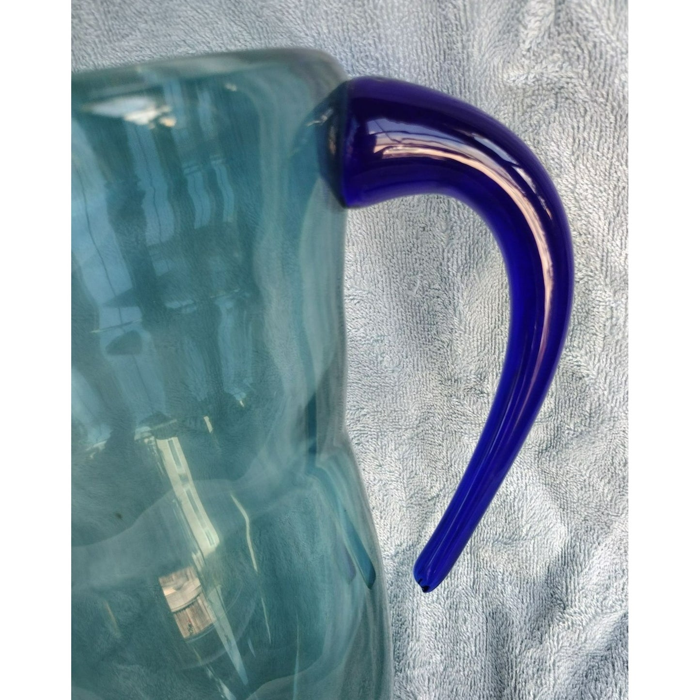 Rare Art Glass Pitcher, Turquoise Swirl with Cobalt Blue Applied Handle MCM 68oz