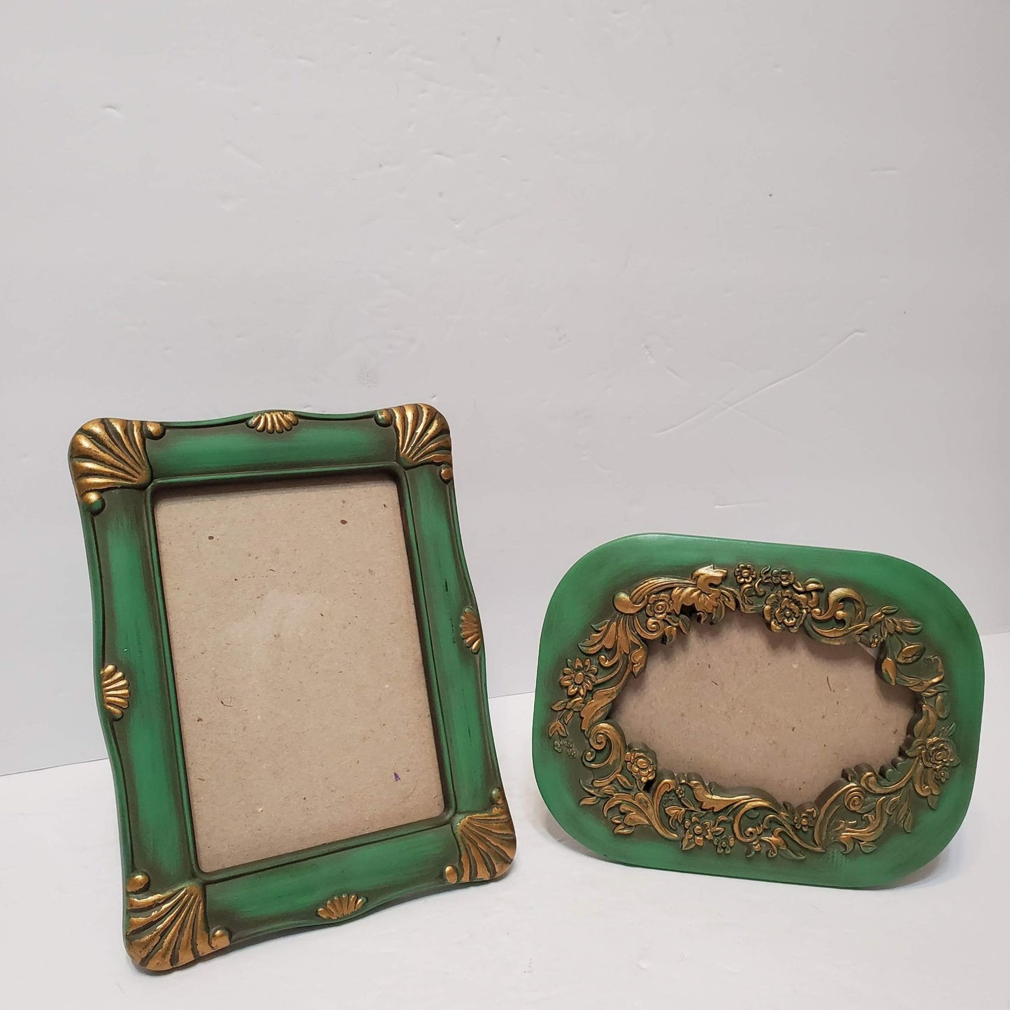 Set of 2 Vintage Gilt Photo Frames, Painted Wood, Green and Gold Picture Frame