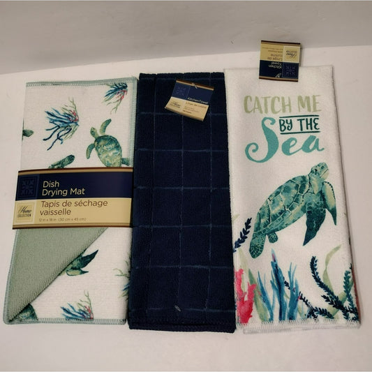 Sea Turtle Kitchen Set, 3-pc, Dish Towels Drying Mat, Coastal Beach Sea Decor