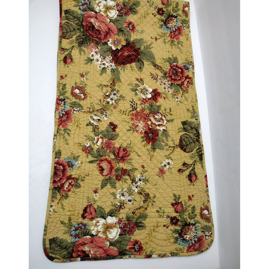 Quilted Floral Table Runner, Red Cabbage Roses, Gold, Cottagecore Flowers 15x52