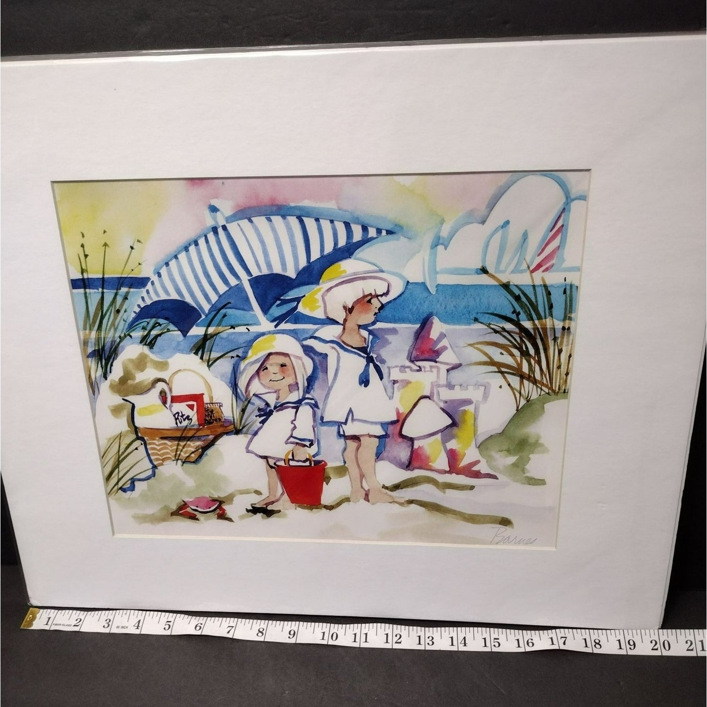 Signed Art Print by Diana Barnes, Matted Watercolor Artwork, Children on Beach