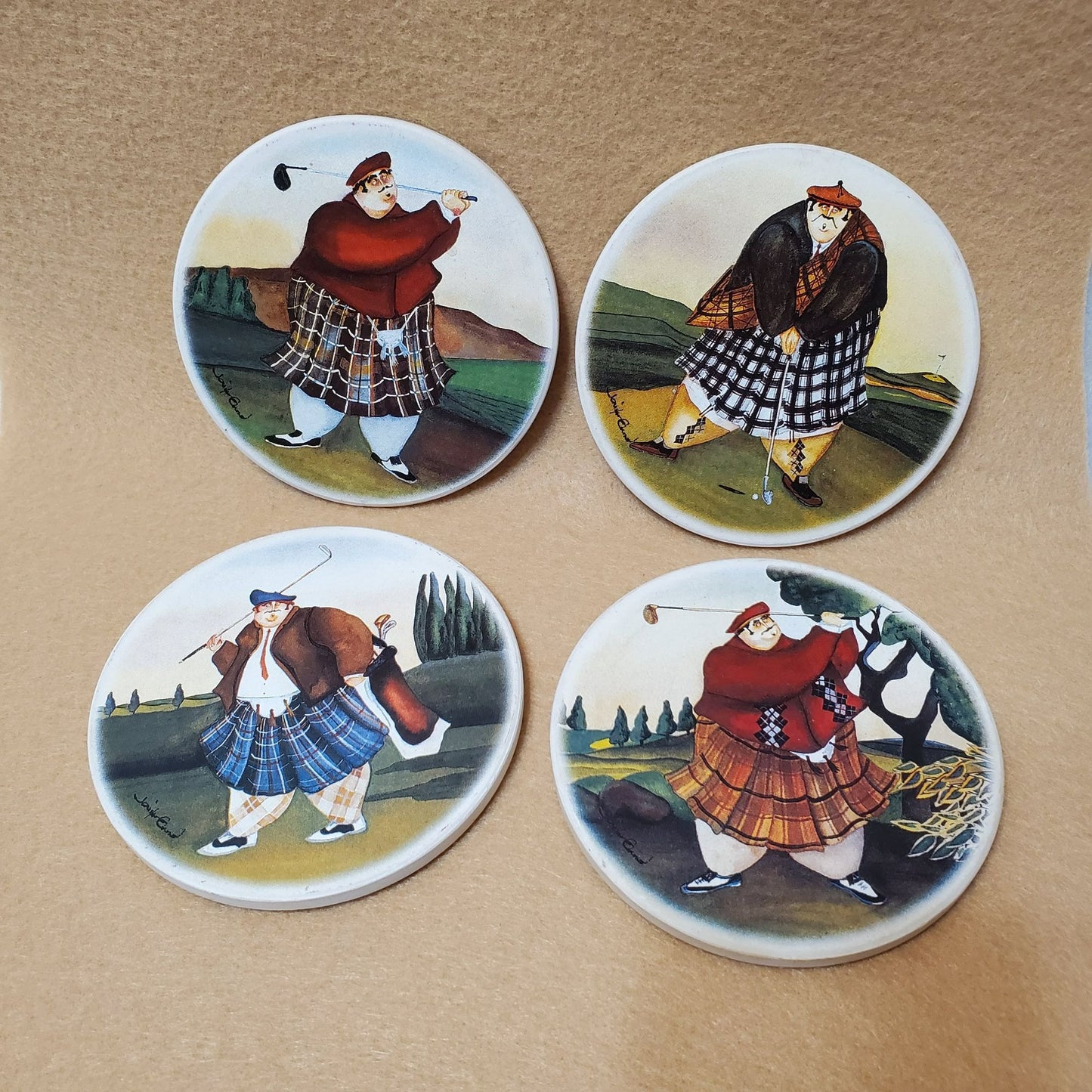 Golf Coasters, Jennifer Garant Ceramic Trivets, Set of 4, Cork Back, Scot Kilts