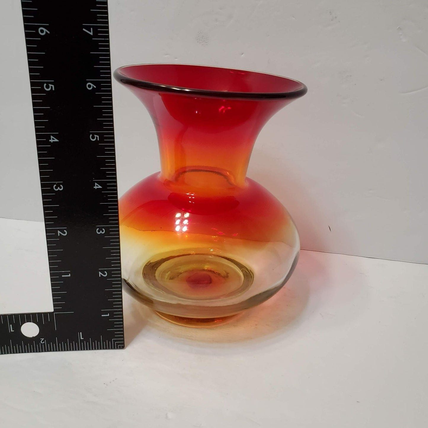 Vintage Blenko Art Glass Hand Blown Amberina Vase, 6" Tall Bulbous Orange Yellow