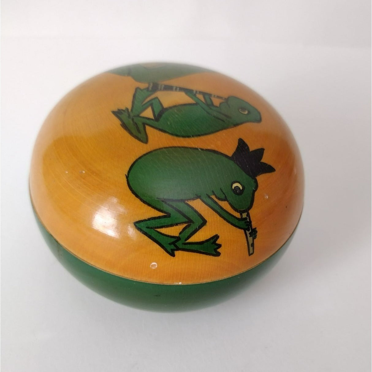 Hand Painted Wooden Frog Trinket Box, 3 Toad Musicians, Green Beige Lidded Jar