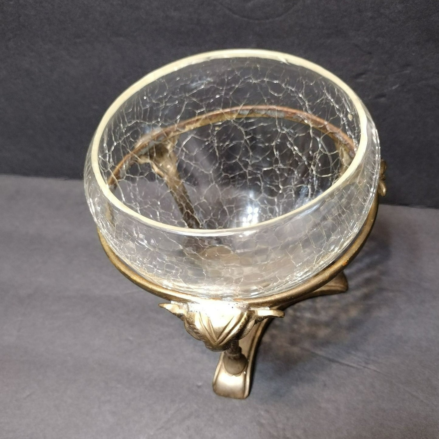 Vintage Crackle Glass Bowl in Ornate Brass Stand, Vase Gold Rams' Head Pedestal