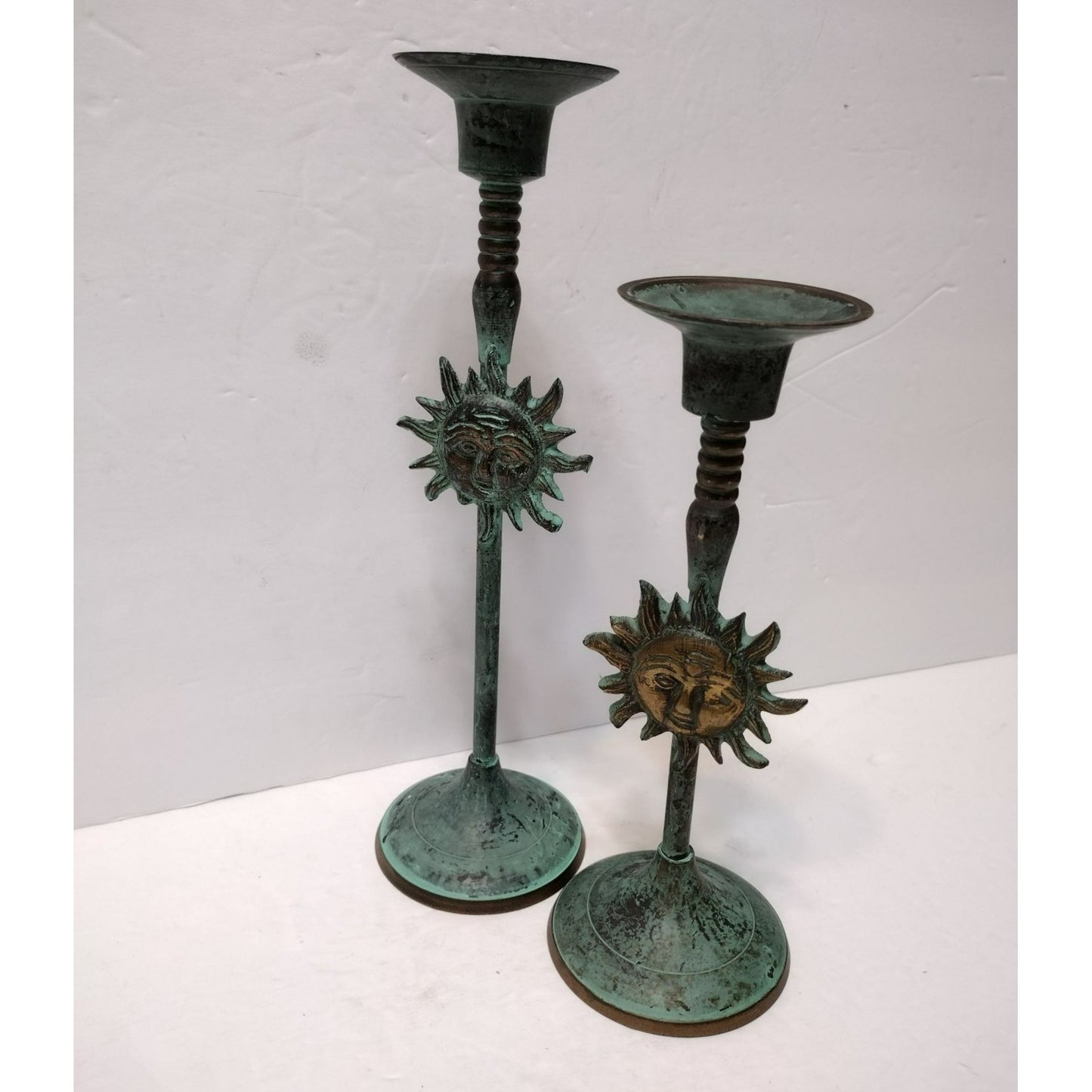 Vintage Sun Candlesticks, Star Celestial Boho, Solid Brass Metal Green Patina