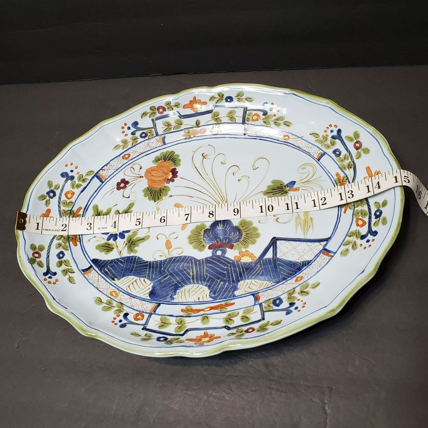 Garofano Antique Italian Platter 15" Faience Pottery Blue Carnation Faenza Style