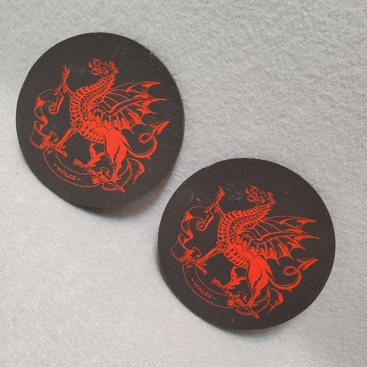 Welsh Dragon Coasters, 2 pc, Slate Hand Painted Red Wales Souvenir Y Ddraig Goch