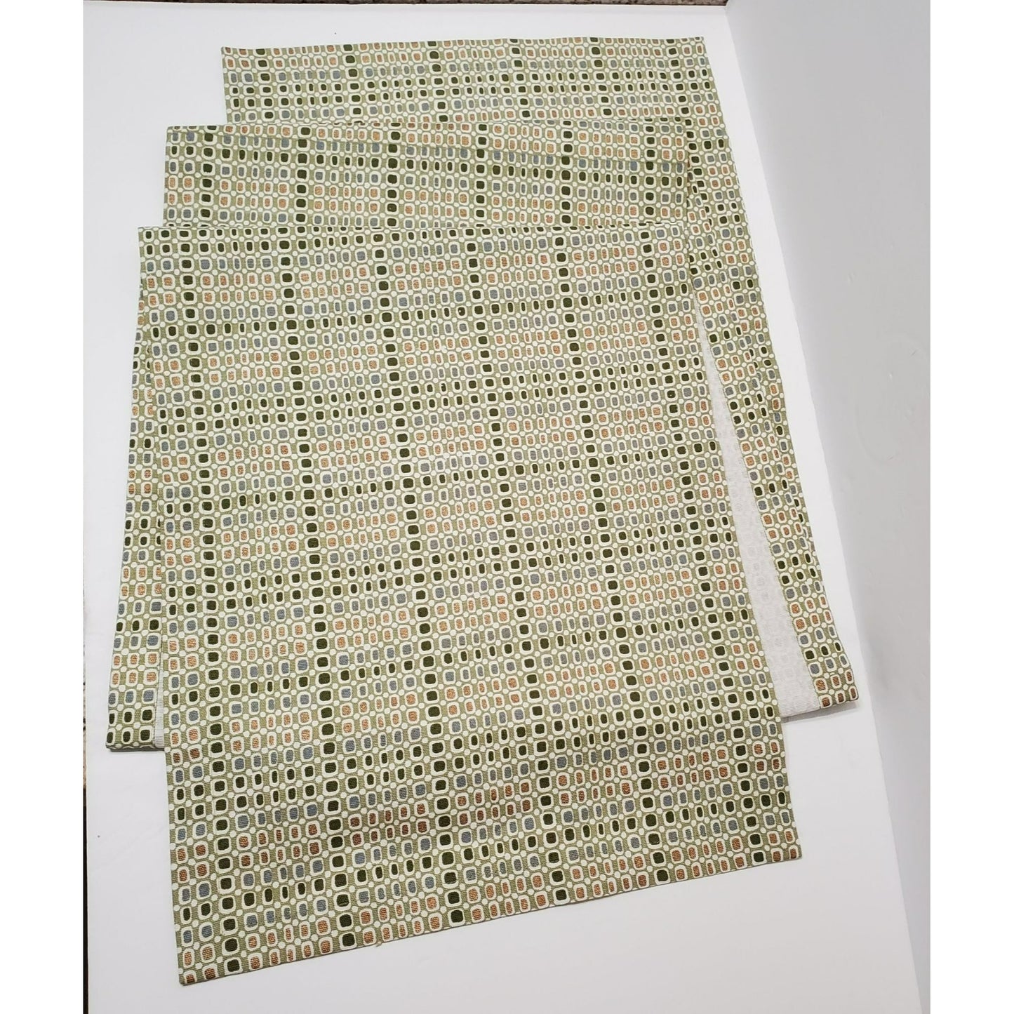 Crate & Barrel Kemp Table Runner, 14x90, Geometric Olive Green Copper Lavender