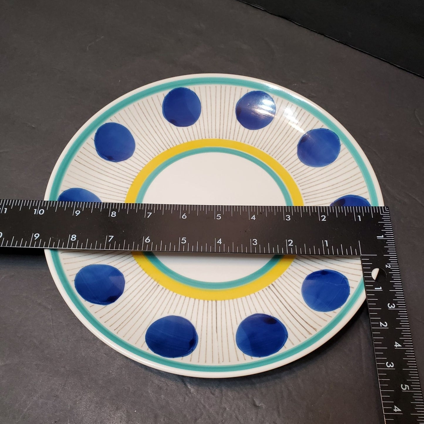 West Elm Hand Painted Dinner Plate, 10" Retro Blue Yellow Starburst Dots Stripes