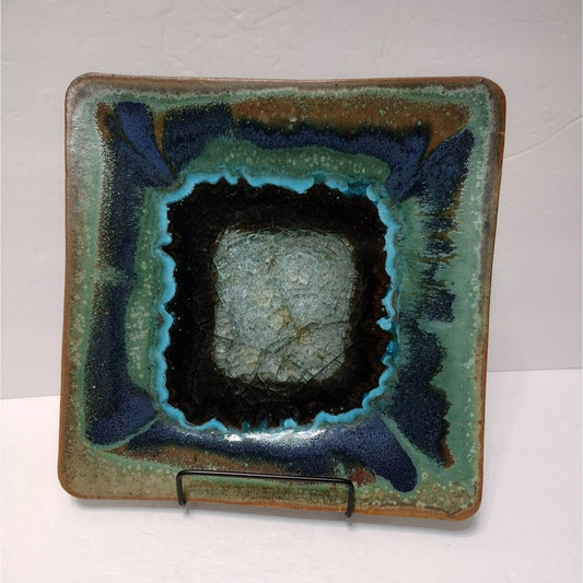 Dock 6 Pottery Plate Geode Crackle Glass Blue Green Square Large 9" Hand Crafted