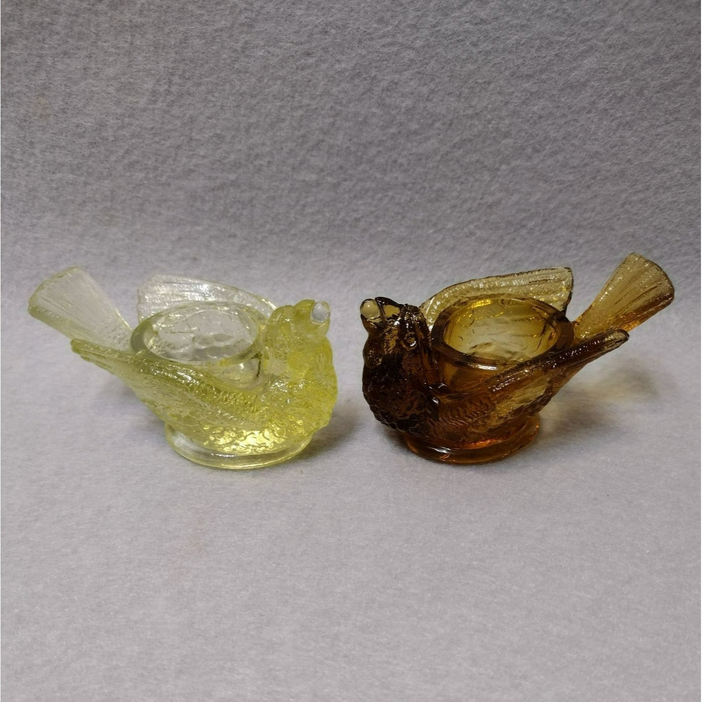 Vintage Glass Salt Cellars, Bird with Berry, Vaseline Yellow & Amber, MCM, Candle Holders, Mid Century Glass