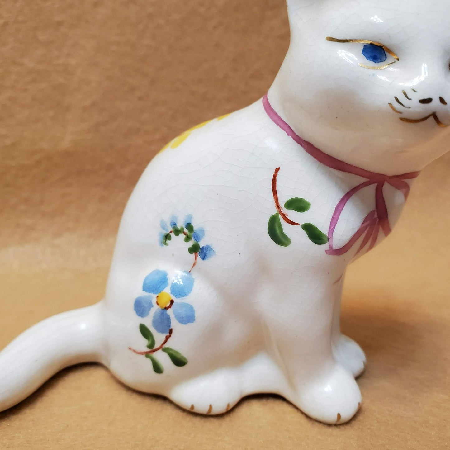 Vintage White Floral Cat Figurine, Pink Bow Hand Painted Flowers Blue Eye Kitten