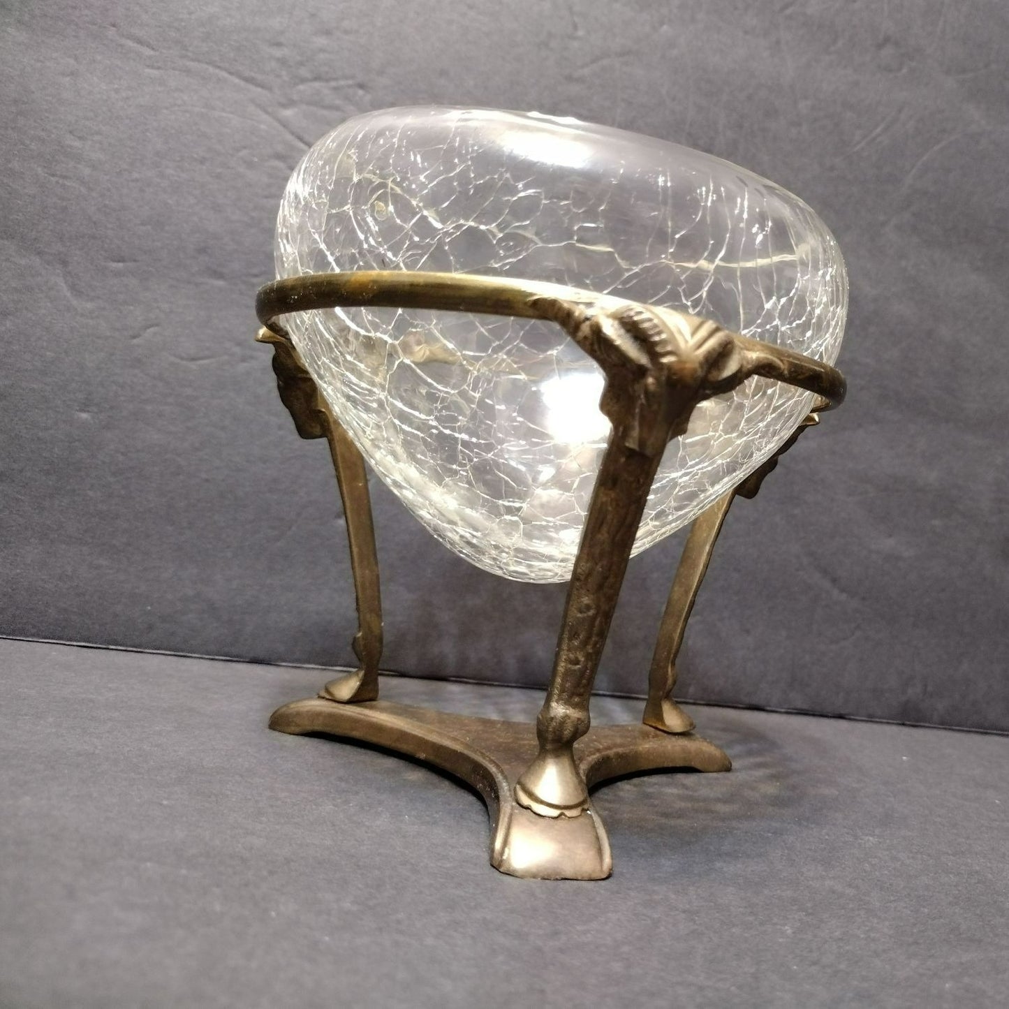 Vintage Crackle Glass Bowl in Ornate Brass Stand, Vase Gold Rams' Head Pedestal