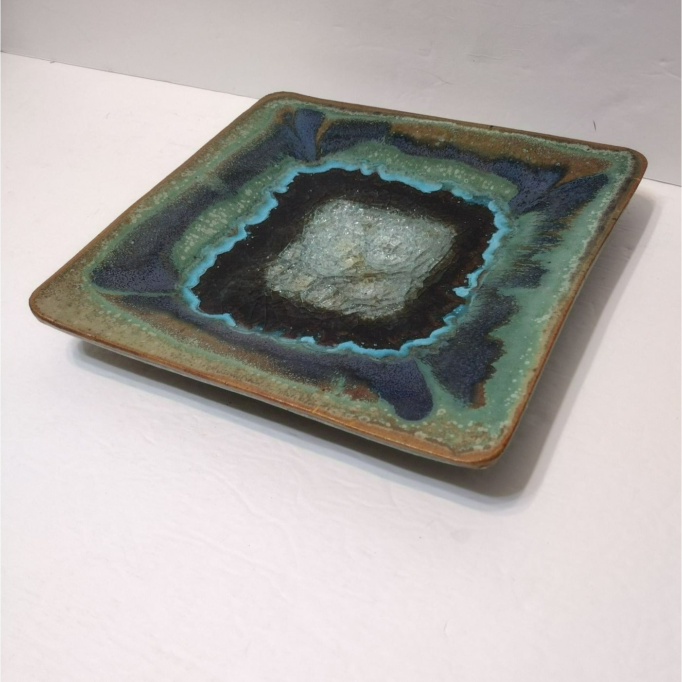 Dock 6 Pottery Plate Geode Crackle Glass Blue Green Square Large 9" Hand Crafted