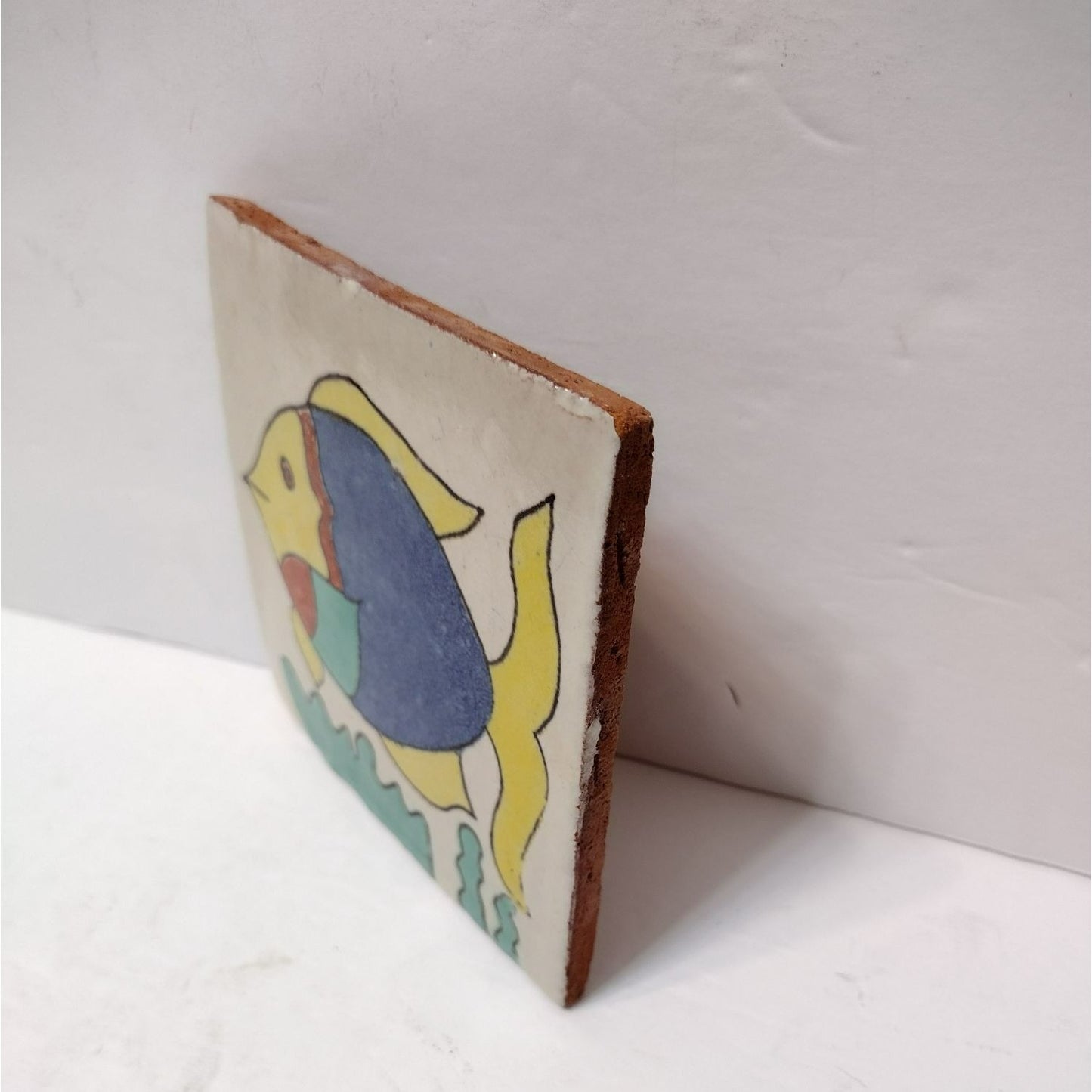 Mexican Folk Art Hand Crafted Art Tile, Ceramic Fish Coastal Yellow Blue Trivet