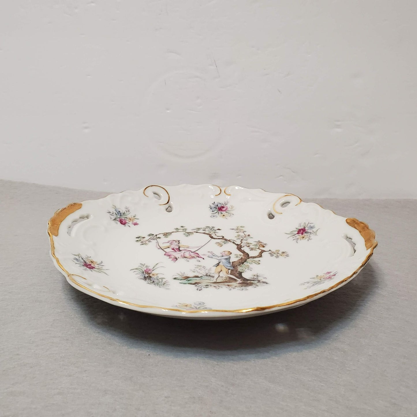 Vintage Victorian Handled Cake Plate, Gilded Porcelain, Courting Couple on Swing