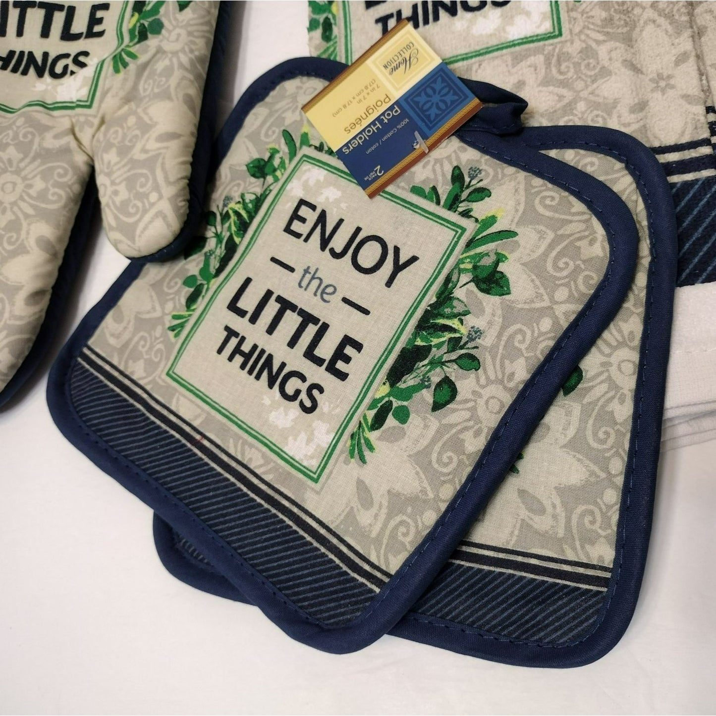 Kitchen Linens Set of 5, Towels Mitt Potholders, Enjoy the Little Things NEW