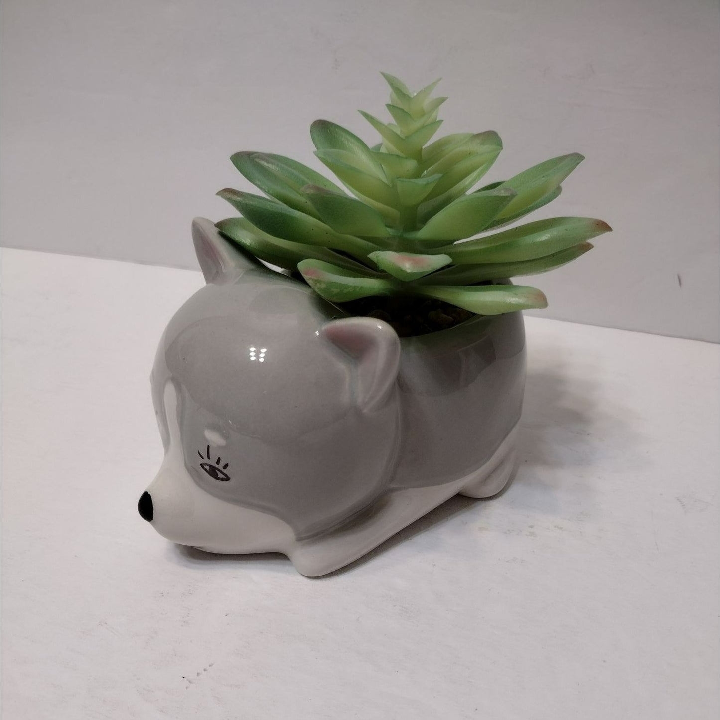 Husky Dog with Faux Plant, Grey Ceramic Puppy Animal Succulent Planter Pot Gift