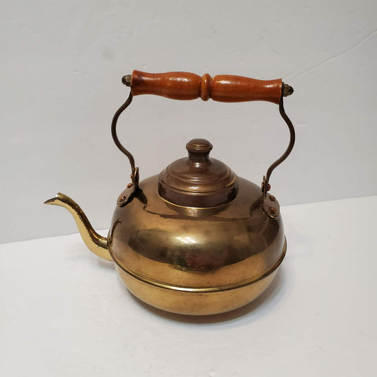 Vintage Brass Tea Kettle with Wooden Handle, Gold Tone Teapot Mid Century Decor