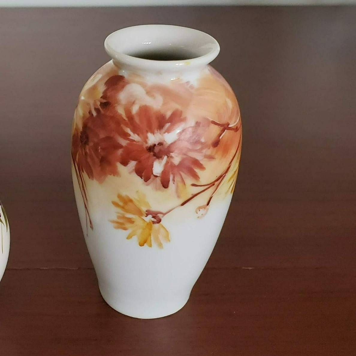 Hand Painted Miniature Porcelain Bud Vase, Signed, Orange Flowers Chrysanthemum