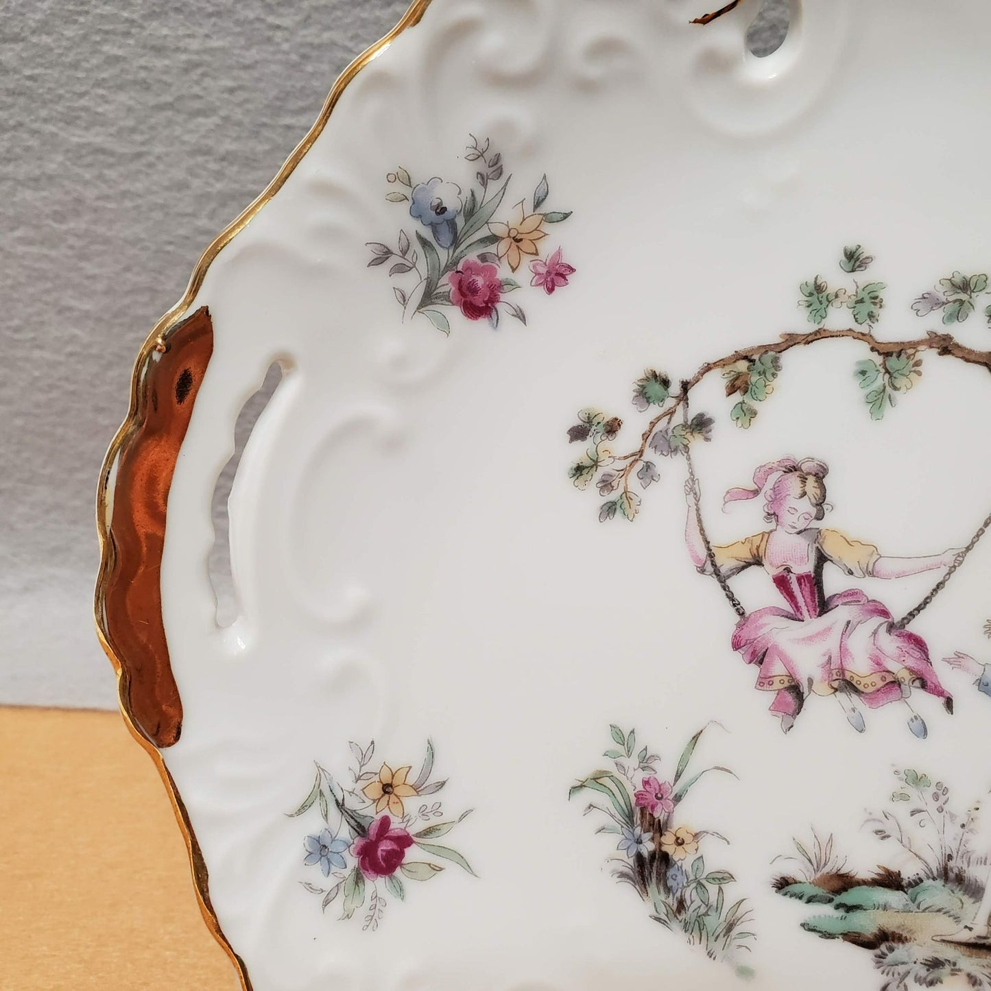 Vintage Victorian Handled Cake Plate, Gilded Porcelain, Courting Couple on Swing