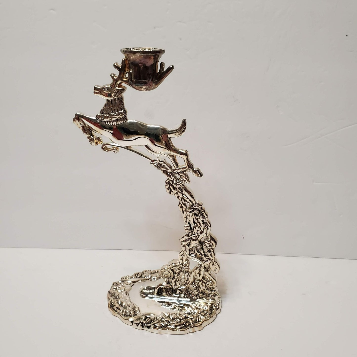 Godinger Silver Plate Flying Reindeer Christmas Candle Holder Boxed Vintage