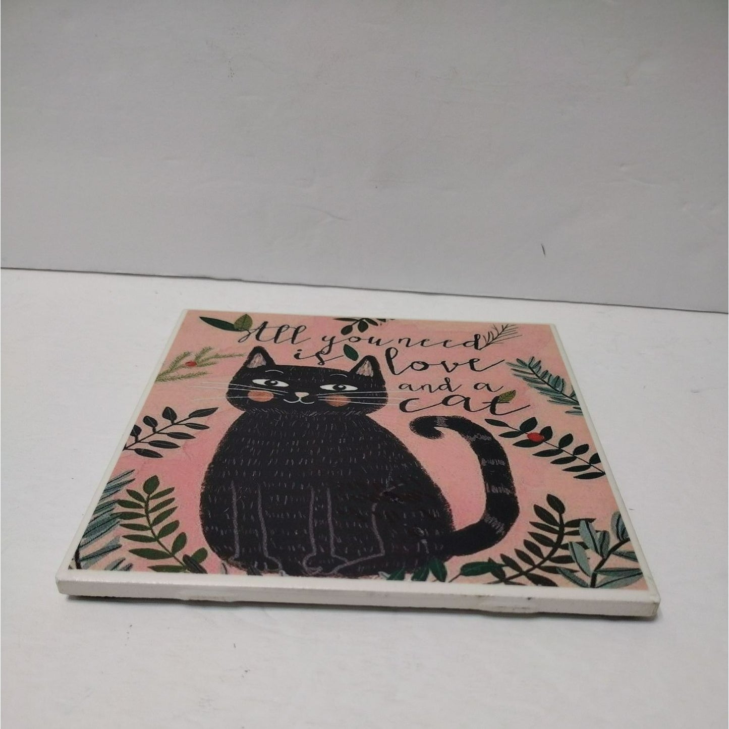 Hand Crafted Love and Cat Ceramic Wall Art Tile by Kure Kreations 6x6" Trivet