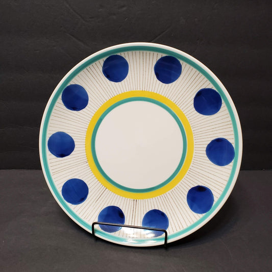 West Elm Hand Painted Dinner Plate, 10" Retro Blue Yellow Starburst Dots Stripes