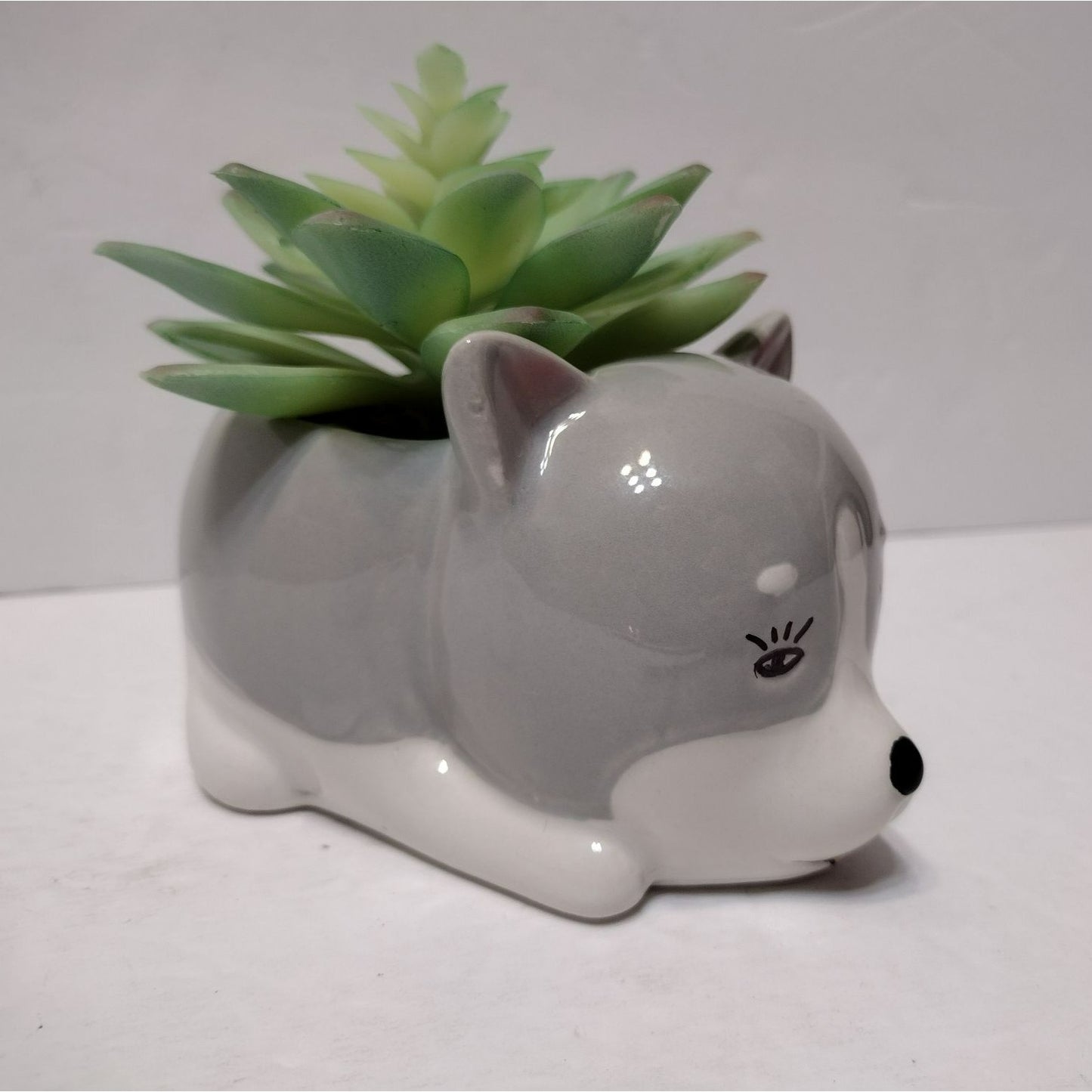 Husky Dog with Faux Plant, Grey Ceramic Puppy Animal Succulent Planter Pot Gift