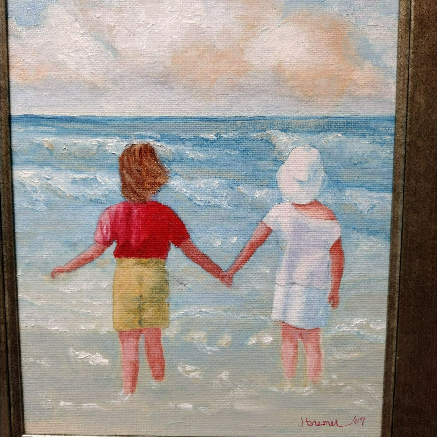 Framed Oil Painting, Signed J Bremer 2007 Girl Friends on Beach Coastal Wall Art