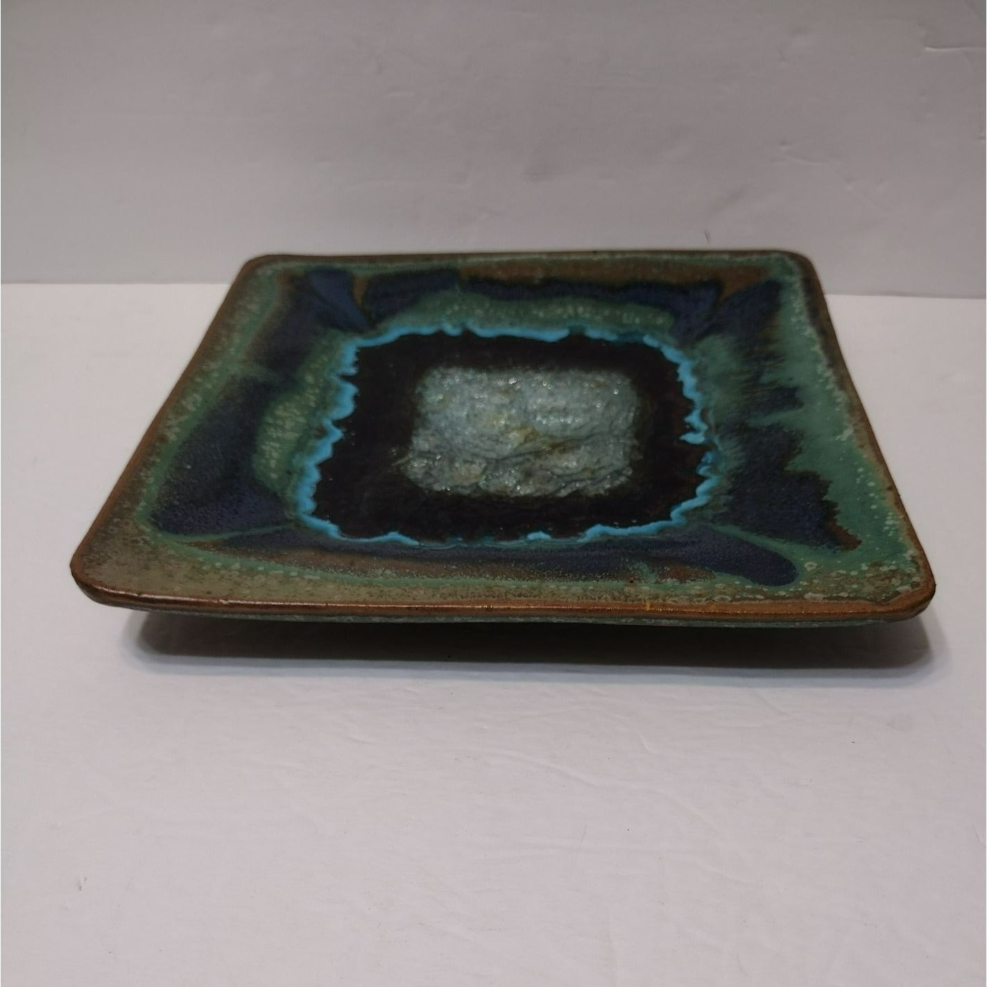 Dock 6 Pottery Plate Geode Crackle Glass Blue Green Square Large 9" Hand Crafted