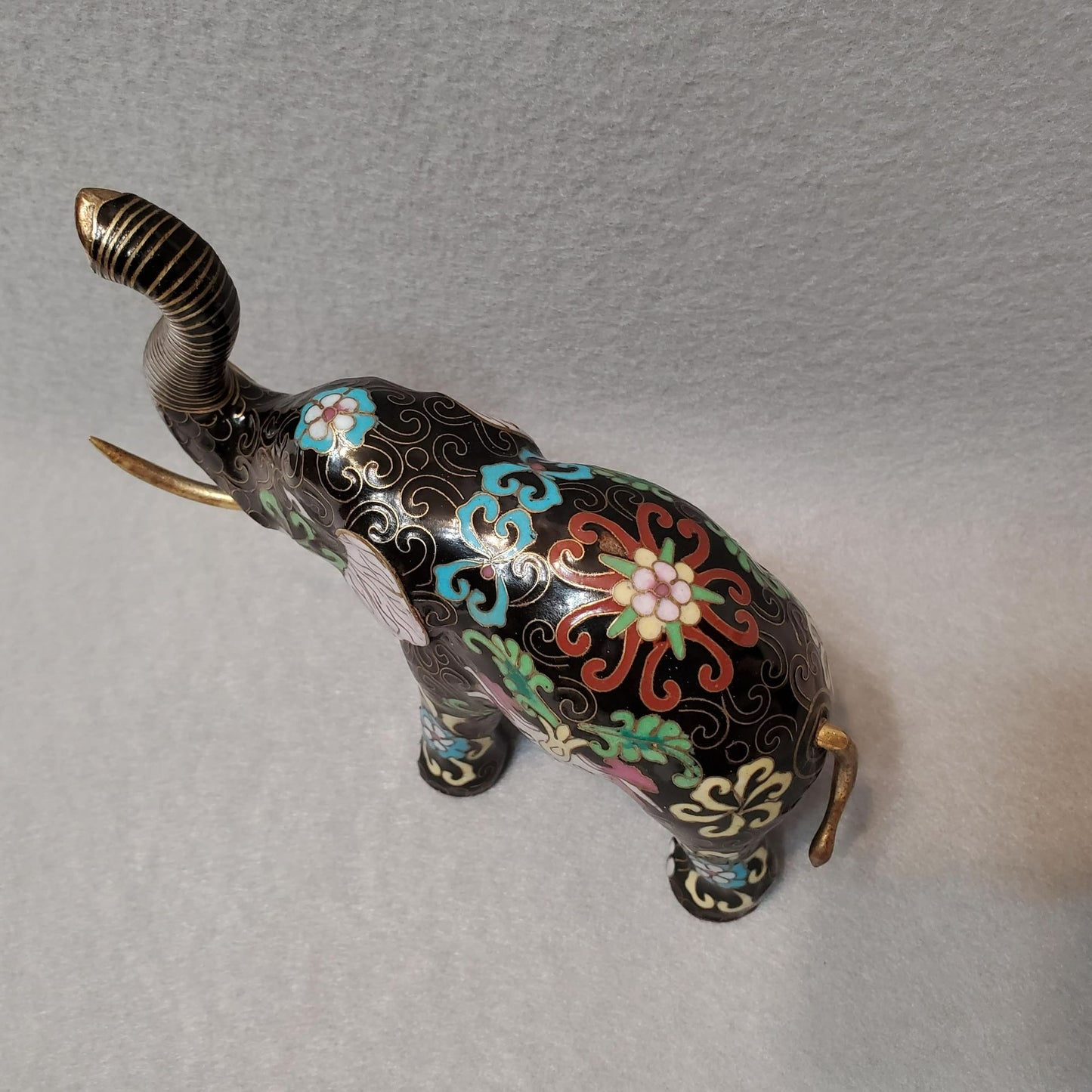 Vintage Cloisonne Elephant Figurine, Enamel, Upraised Trunk Up, Good Luck Statue