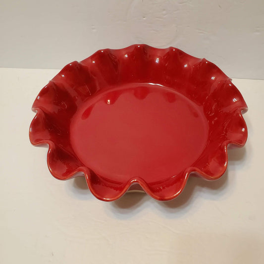 Emile Henry Ruffled Pie Dish, Burgundy Red, Ceramic, Made in France